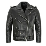 Belted Leather Biker Jacket with Lapel Collar for Men - Black