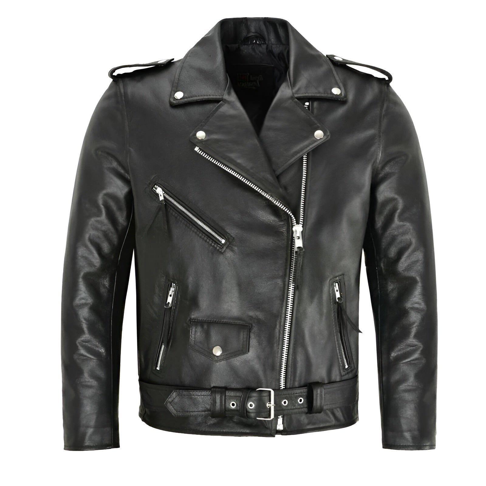 Belted Leather Biker Jacket with Lapel Collar for Men - Black