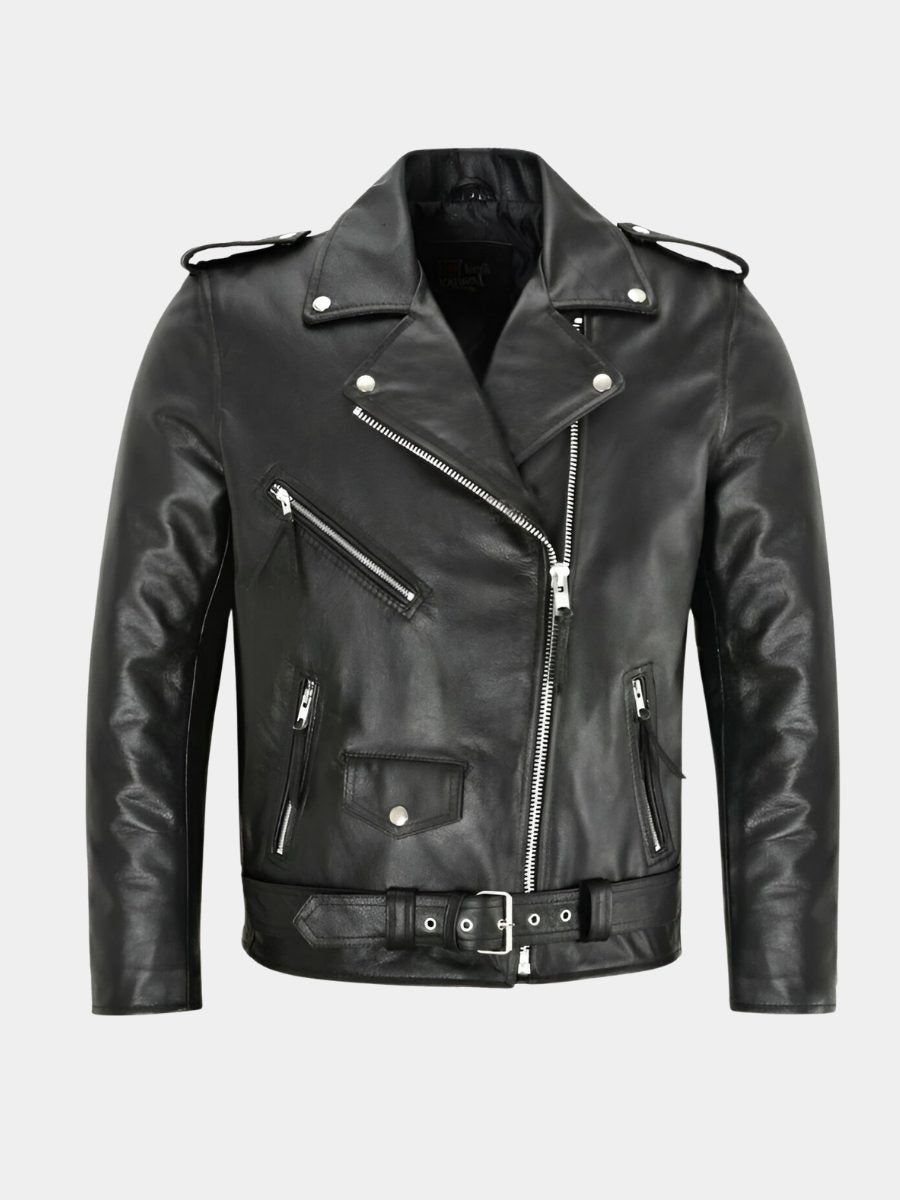 Belted Leather Biker Jacket with Lapel Collar for Men