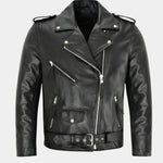 Belted Leather Biker Jacket with Lapel Collar for Men