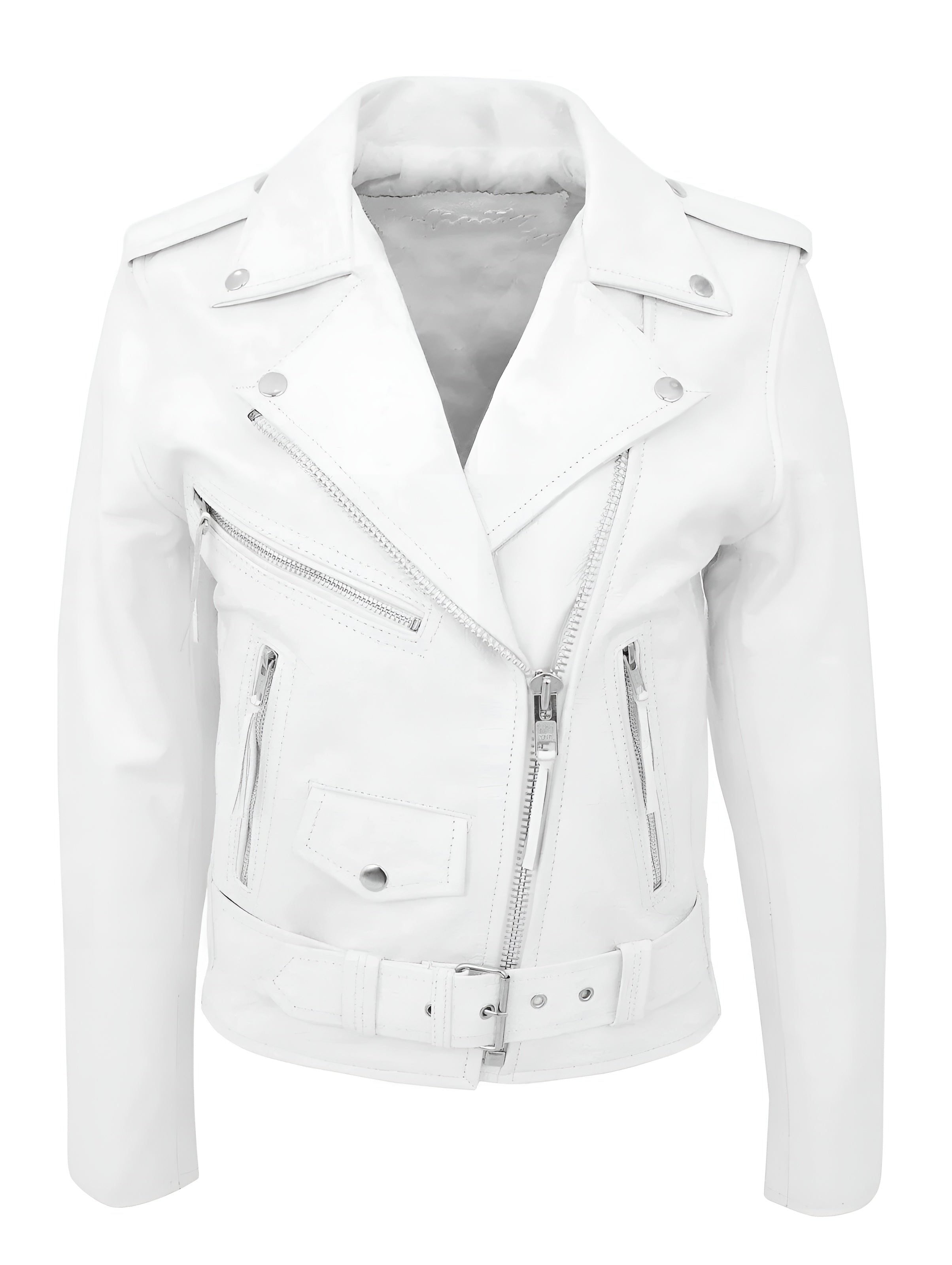 Belted Leather Biker Jacket with Lapel Collar for Men - White