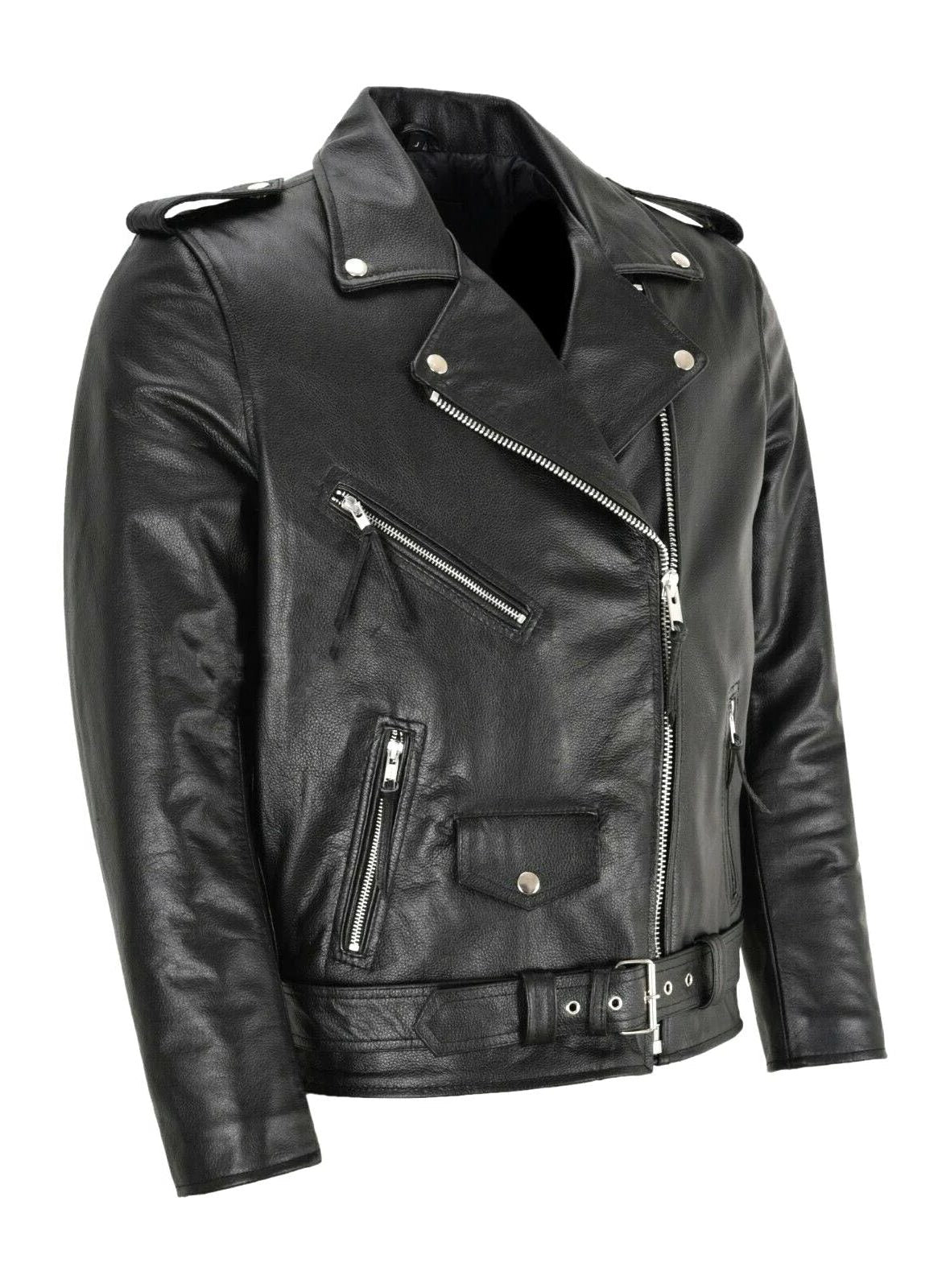 Belted Leather Biker Jacket with Lapel Collar for Men - View 4
