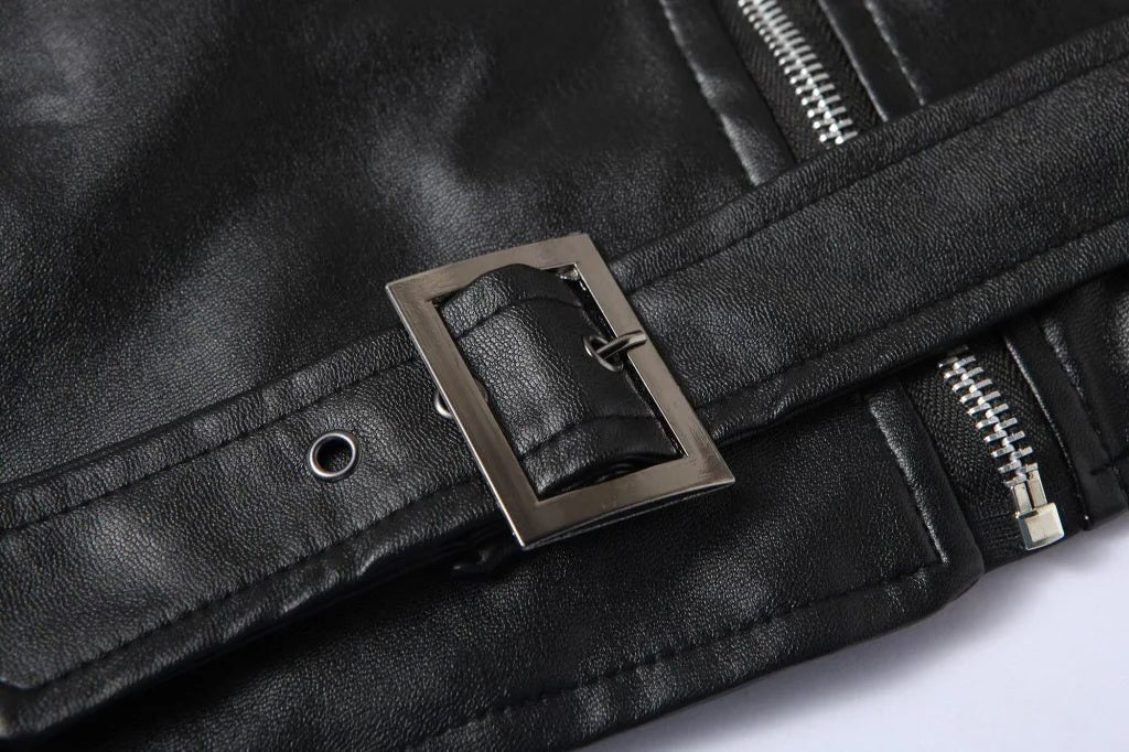 Belted Leather Biker Jacket with Lapel Collar for Men - View 7