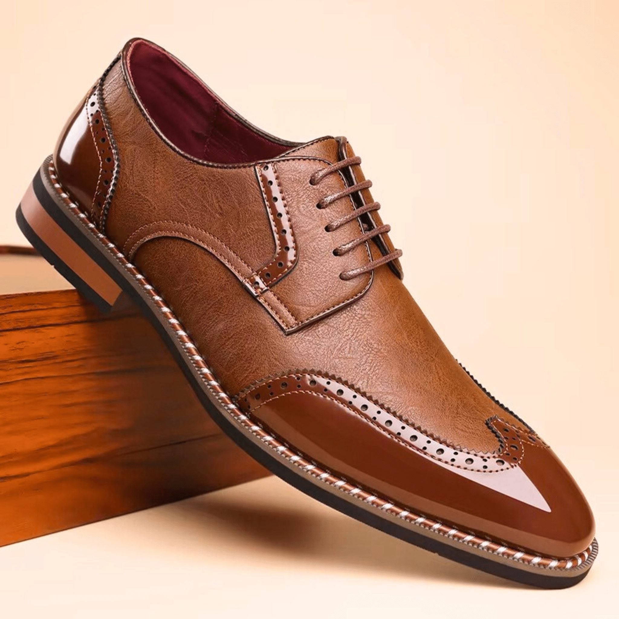 Brogue Leather Lace-Up Derby Shoes for Men - Brown