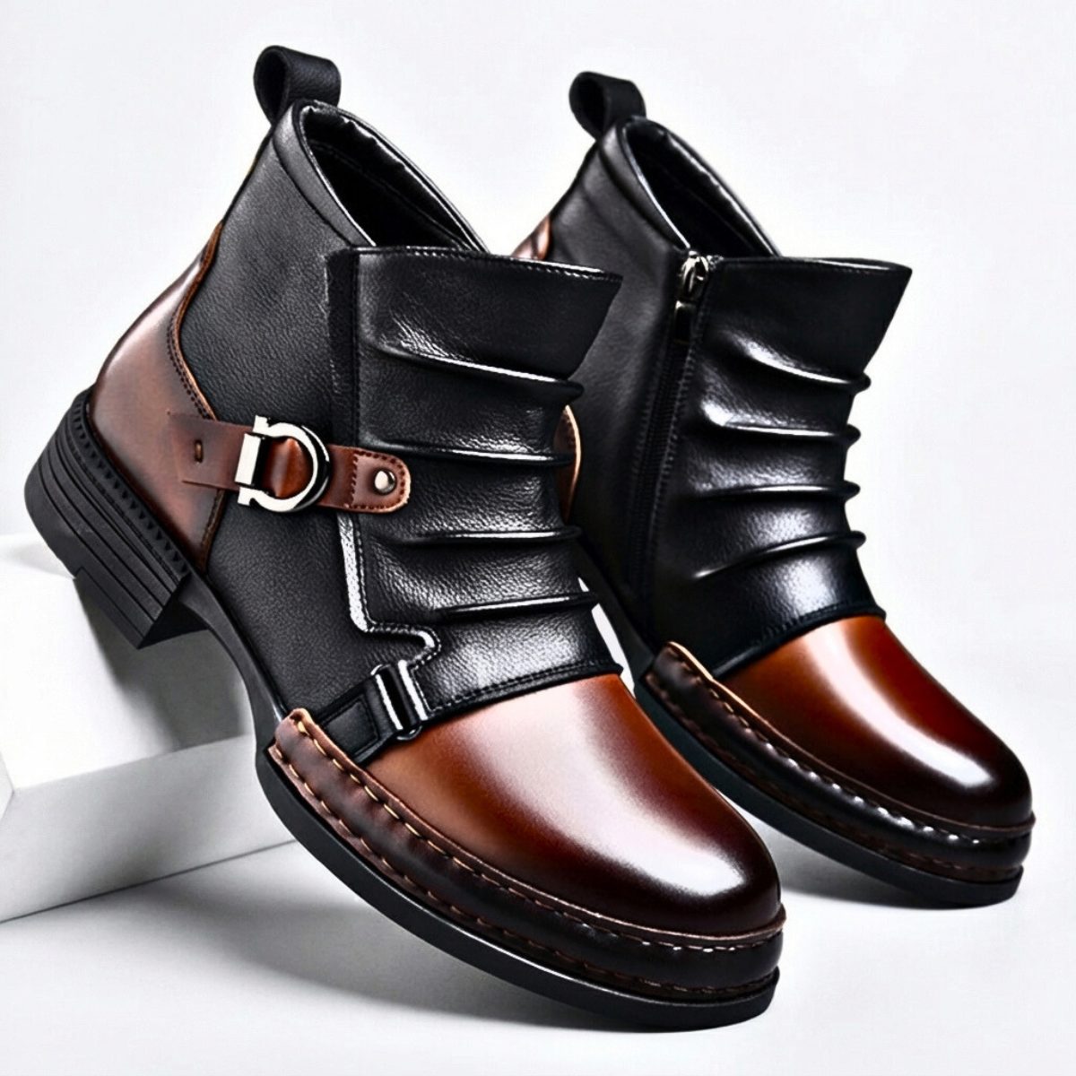Buckle Strap Ankle Boots with Side Zipper for Men