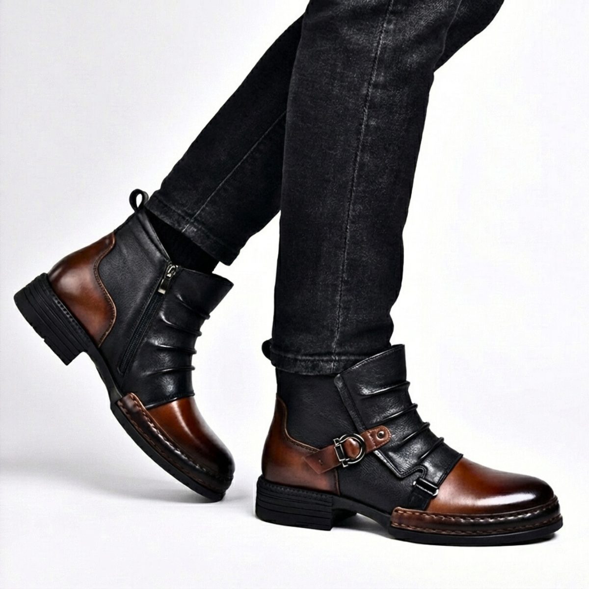 Buckle Strap Ankle Boots with Side Zipper for Men