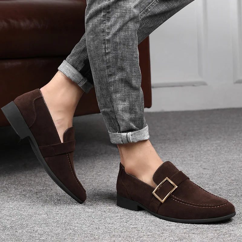 Buckle Strap Suede Loafers for Men - Dark Brown