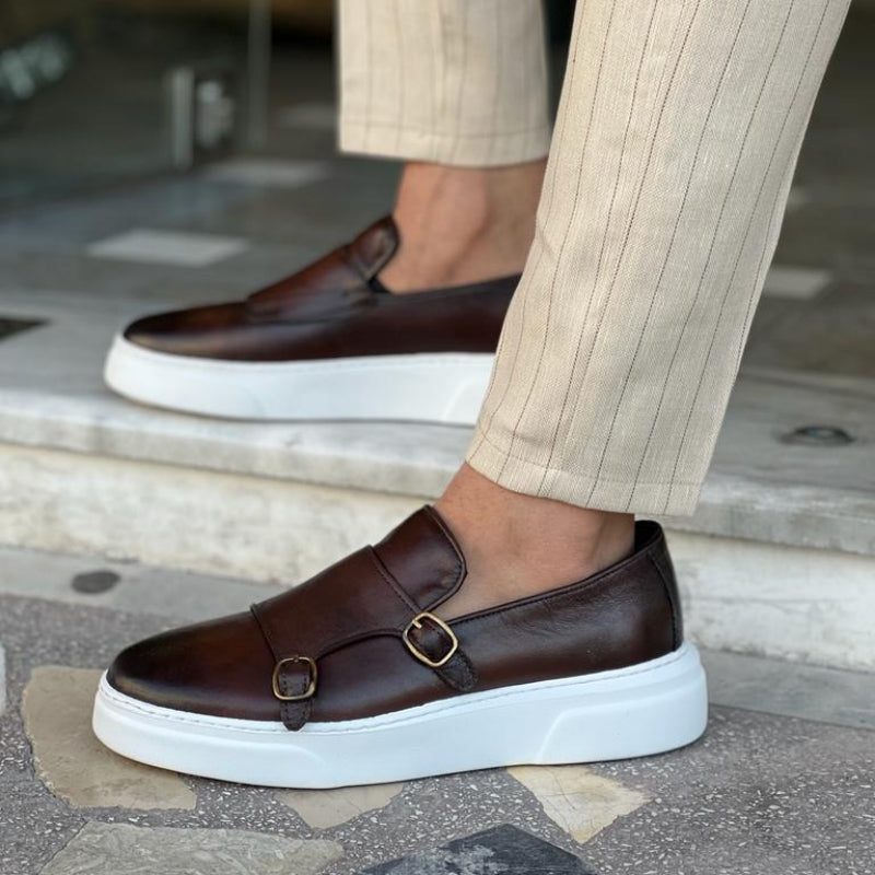 Buckle Strap Leather Slip-On Sneakers for Men