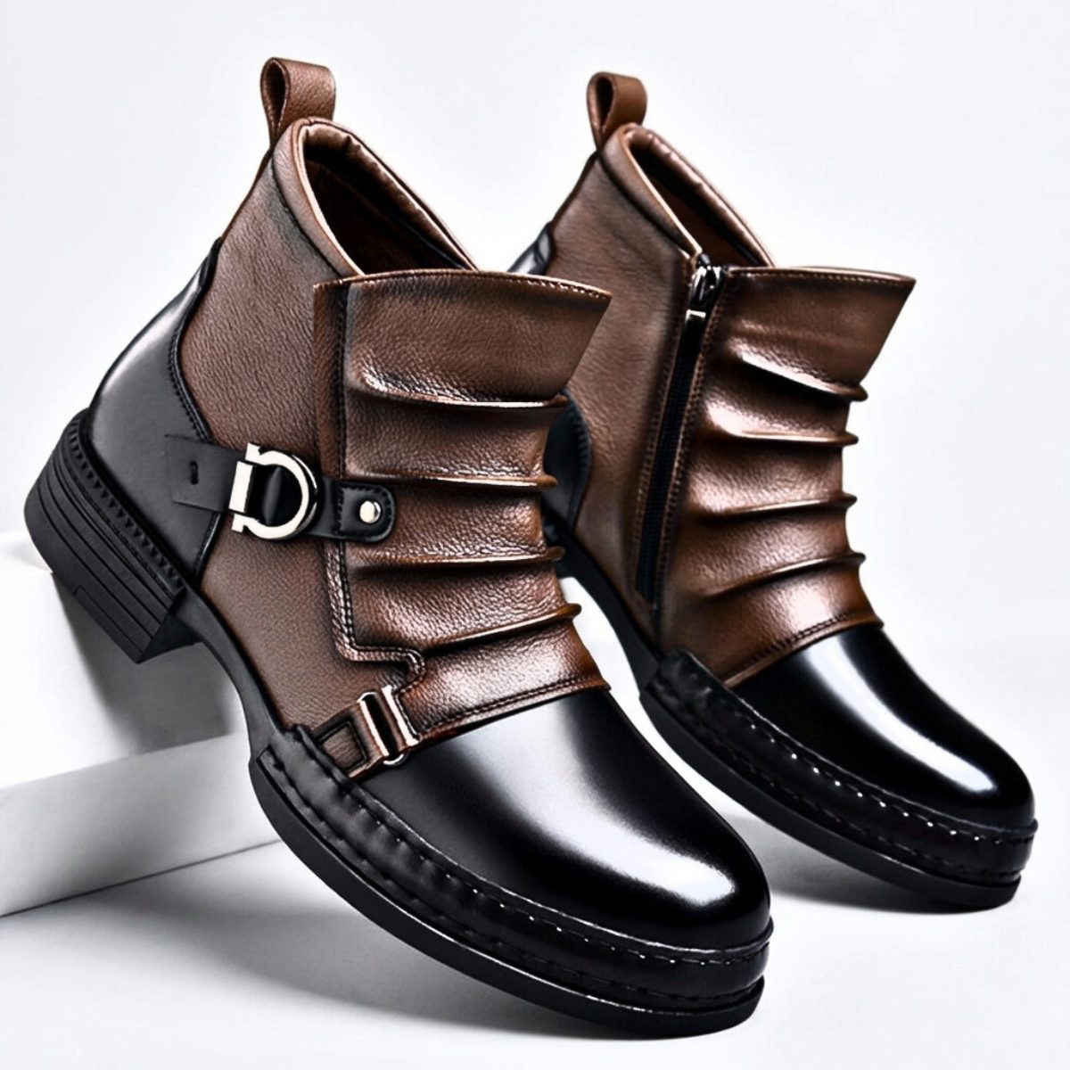Buckle Strap Side Zip Leather Shoes with Ridged Front for Men - Brown