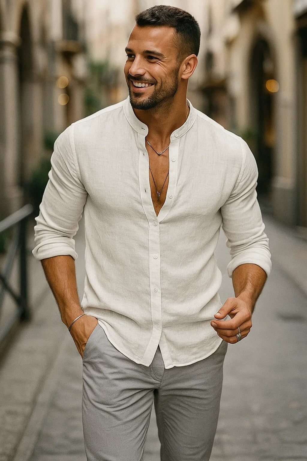 Button-Down Linen Long Sleeve Shirt for Men