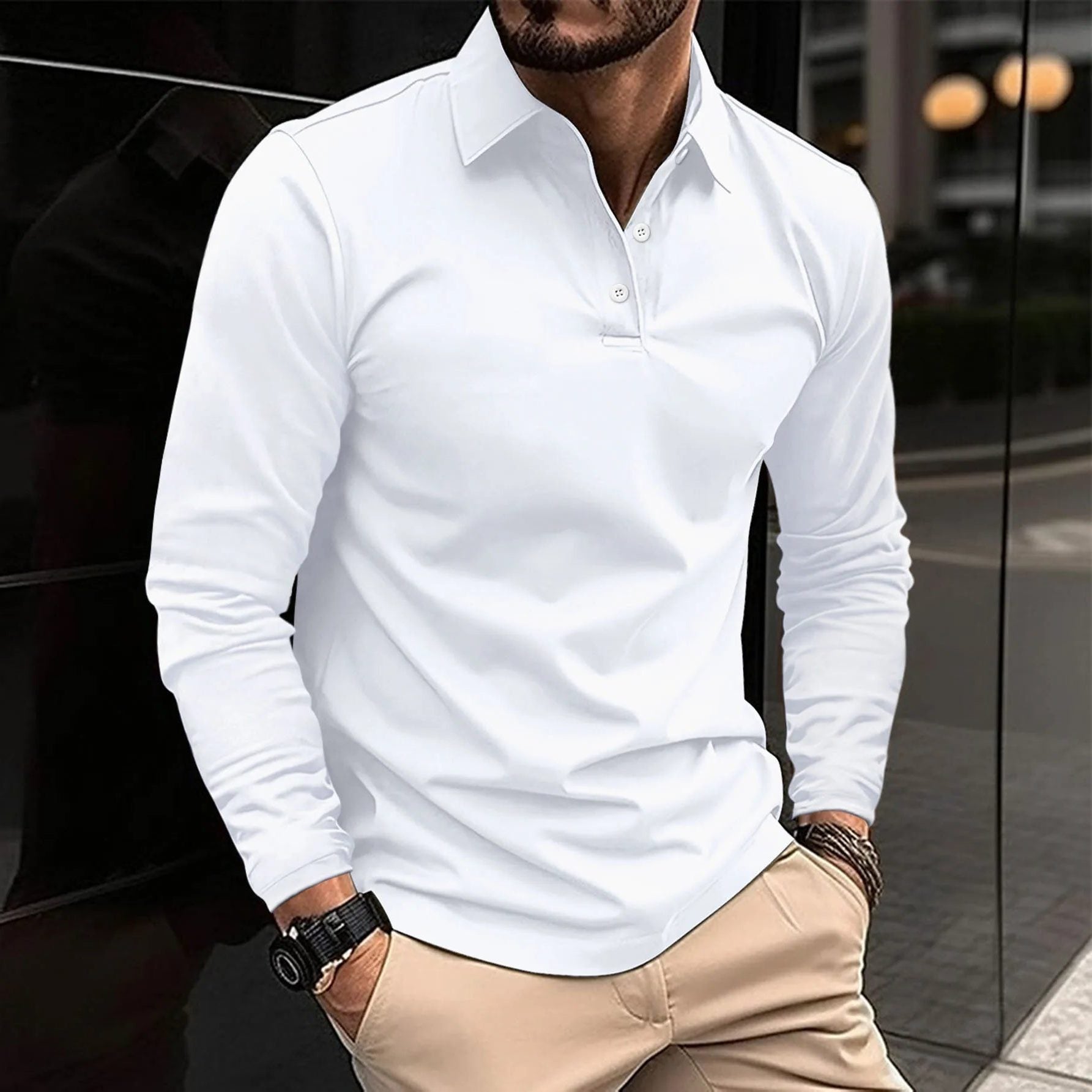 Button-Down Long Sleeve Polo Shirt for Men - White