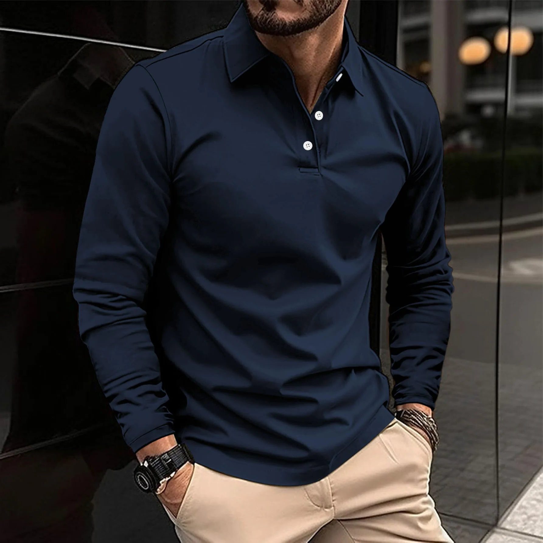 Button-Down Long Sleeve Polo Shirt for Men - Navy Blue