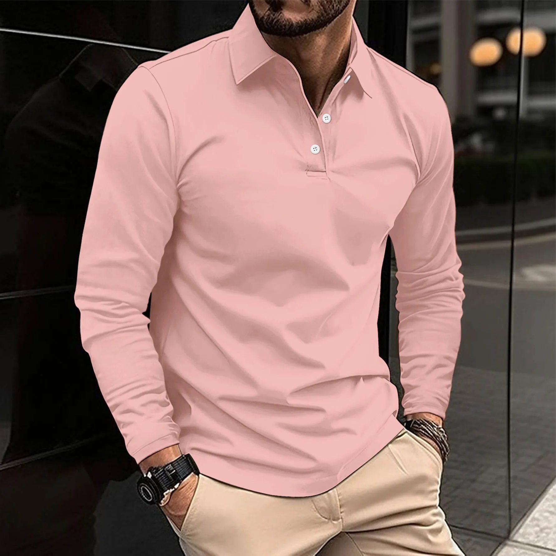 Button-Down Long Sleeve Polo Shirt for Men - Pink
