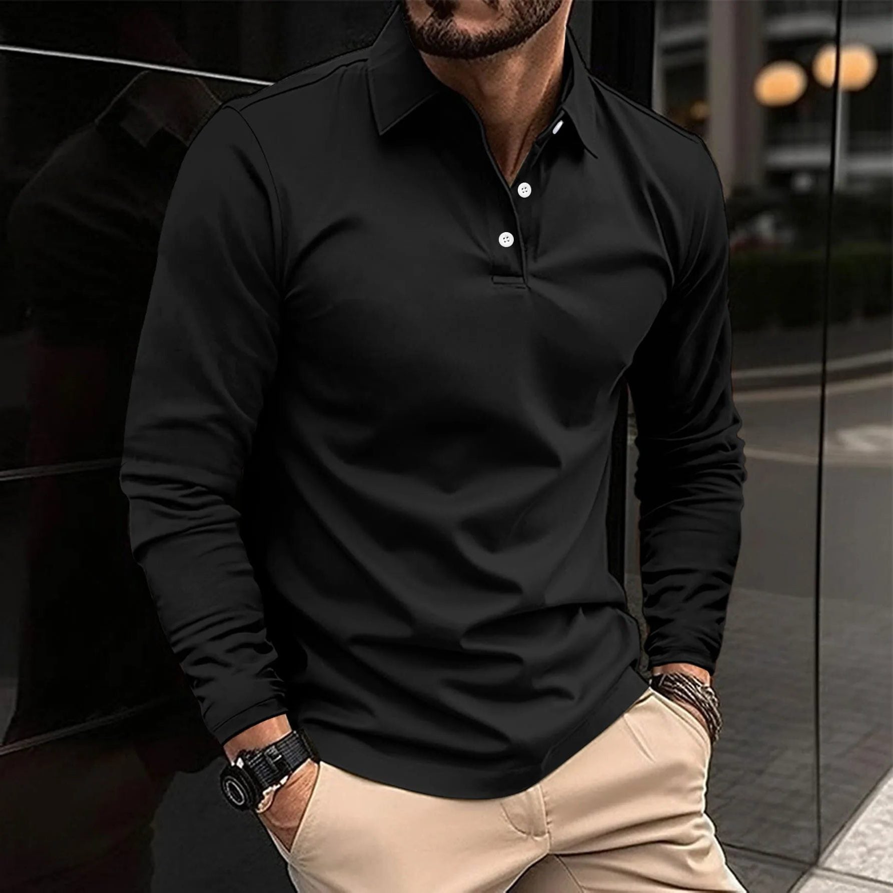 Button-Down Long Sleeve Polo Shirt for Men - Black