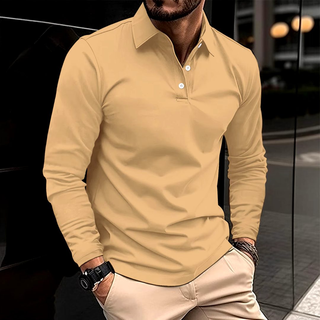 Button-Down Long Sleeve Polo Shirt for Men - Khaki