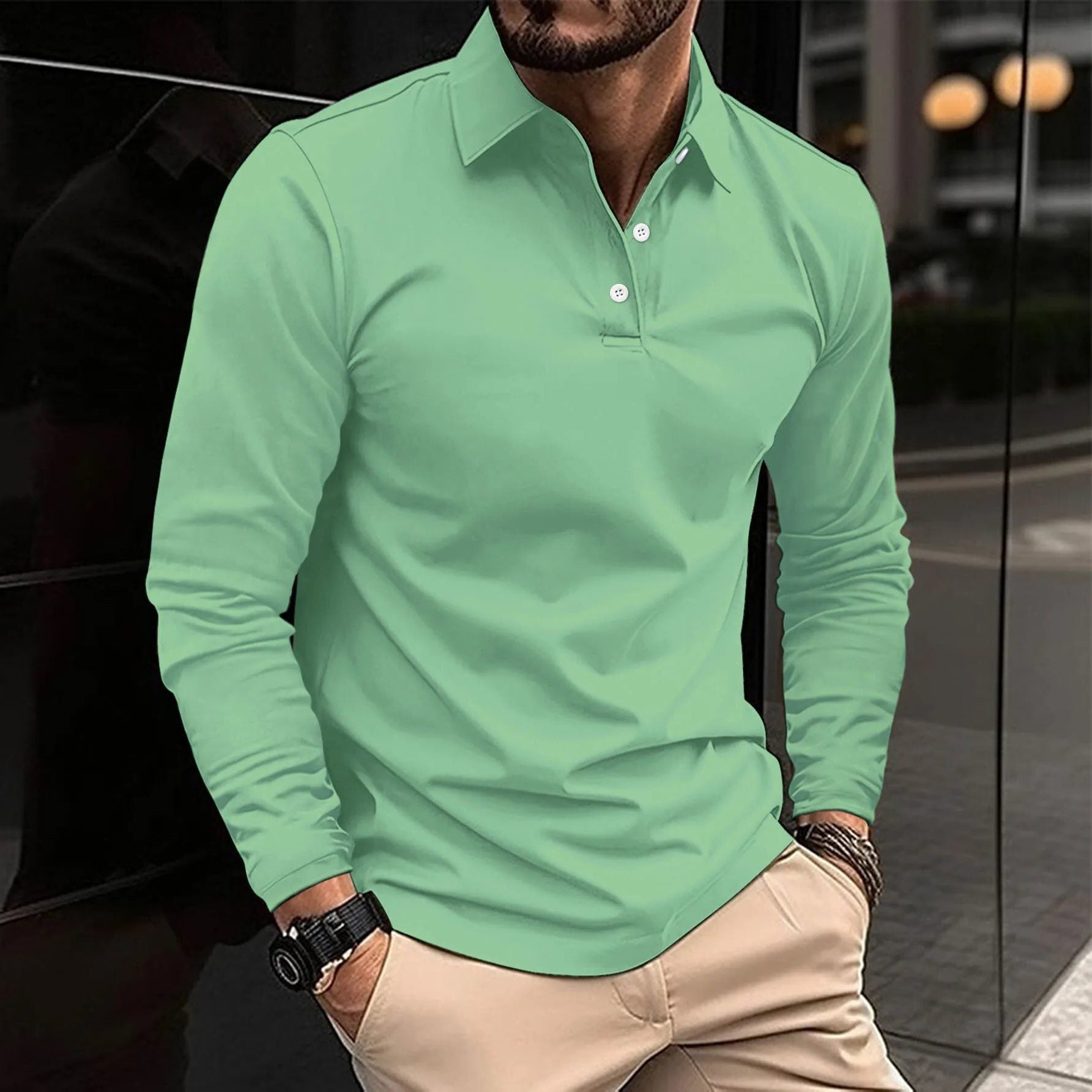 Button-Down Long Sleeve Polo Shirt for Men - Green