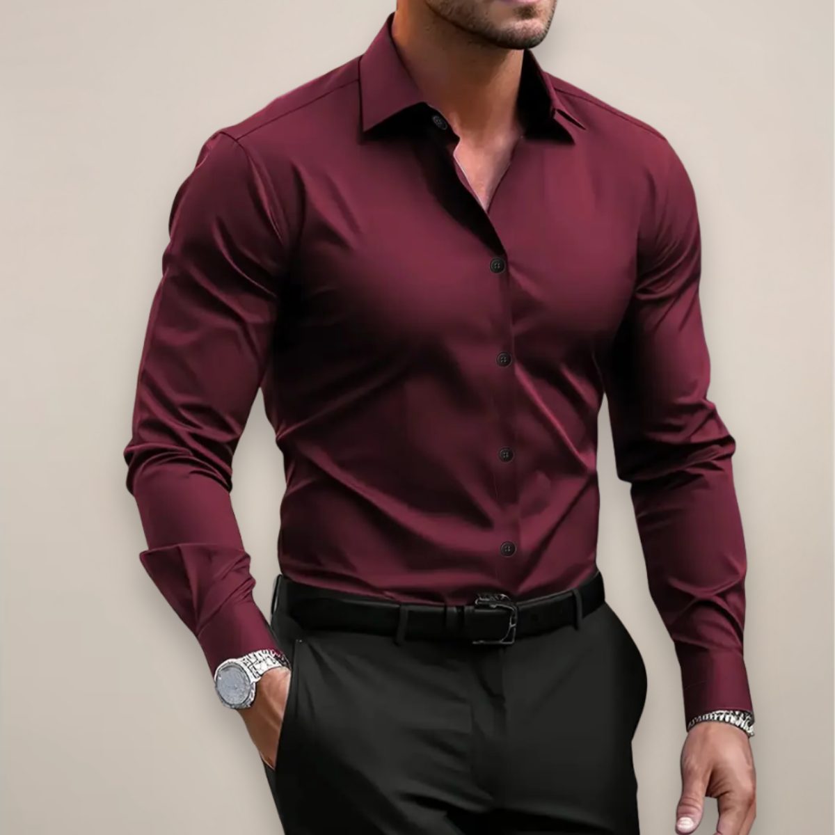Button-Down Long Sleeve Shirt for Men - Wine Red