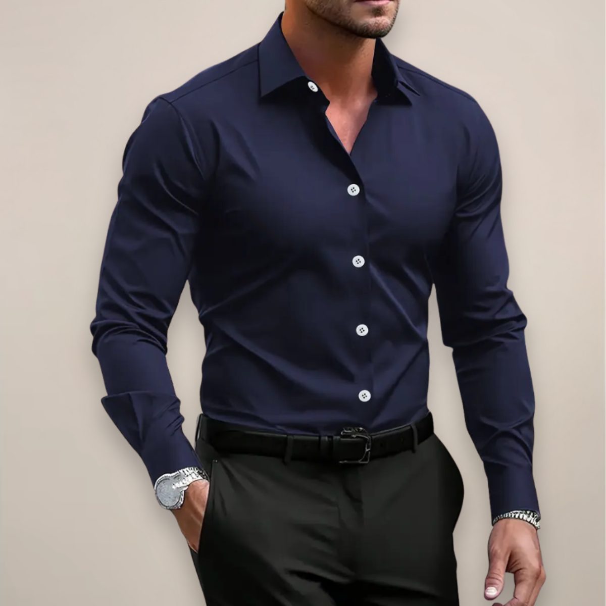 Button-Down Long Sleeve Shirt for Men - Navy Blue