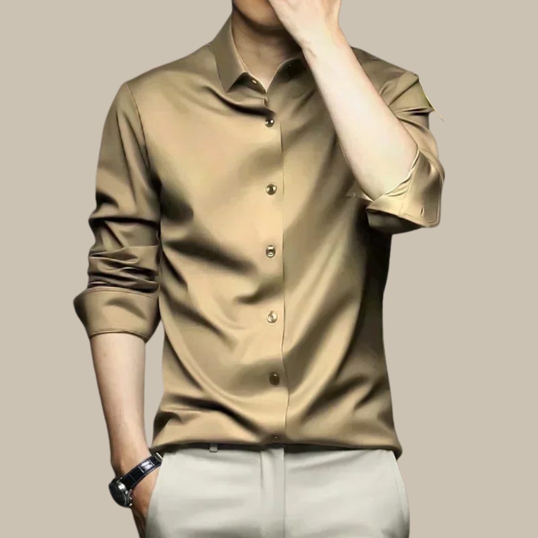 Button-Down Silk Shirt for Men - Khaki