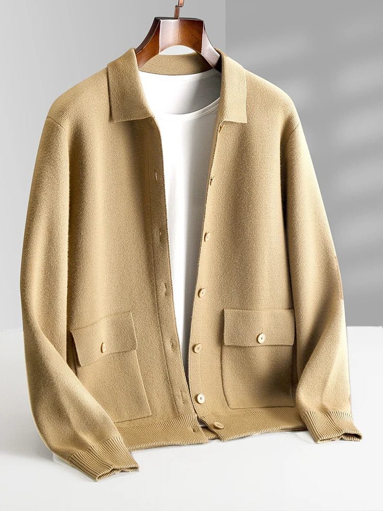Button-Up Wool Cardigan with Polo Collar for Men - Taupe