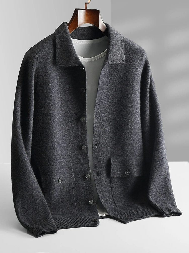 Button-Up Wool Cardigan with Polo Collar for Men - Dark Grey