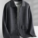 Button-Up Wool Cardigan with Polo Collar for Men - Dark Grey
