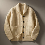 Cable Knit Button-Up Cardigan with Pockets for Men