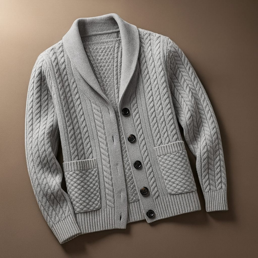 Cable Knit Button-Up Cardigan with Pockets for Men - Gray