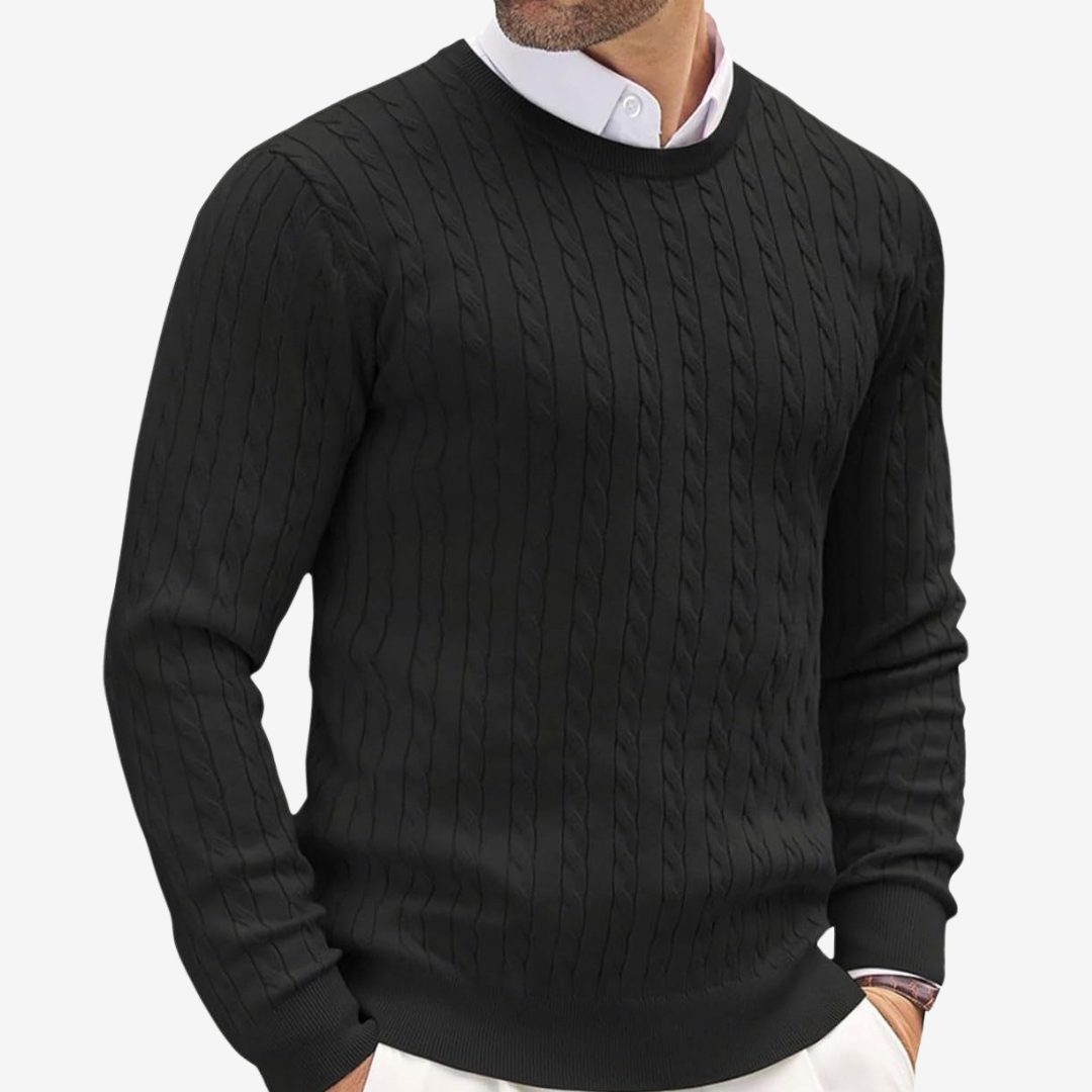 Cable Knit Crew Neck Sweater for Men - Black