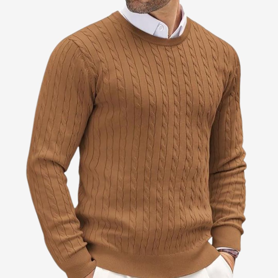 Cable Knit Crew Neck Sweater for Men - Brown