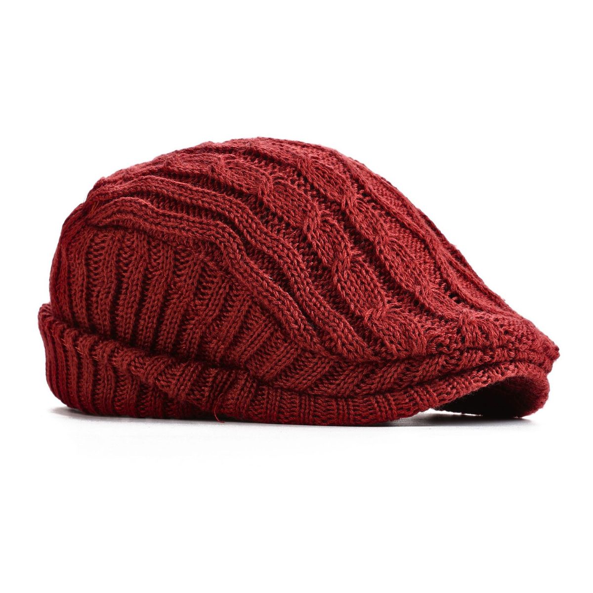 Cable Knit Fleece Lined Flat Cap for Men - Red