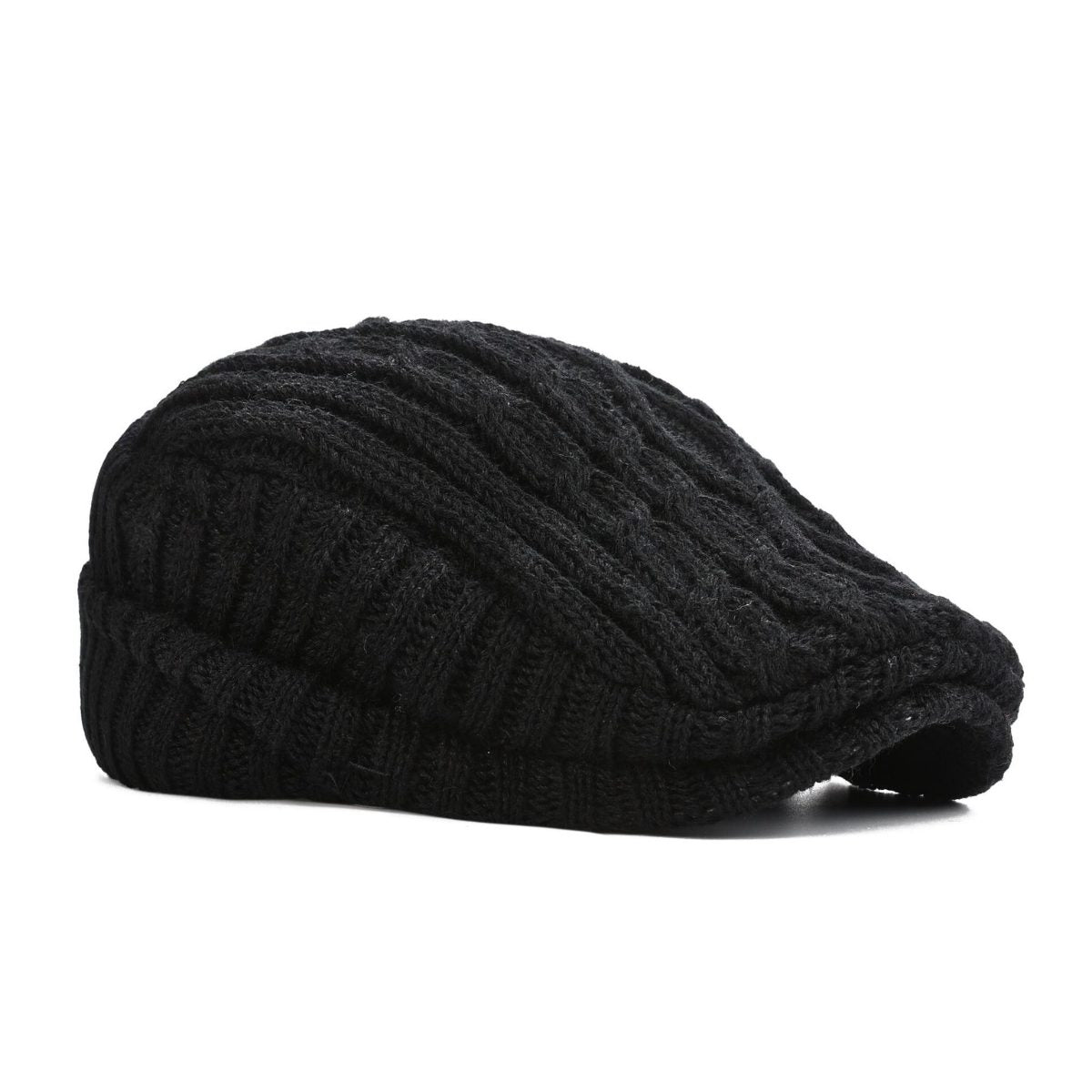 Cable Knit Fleece Lined Flat Cap for Men - Black