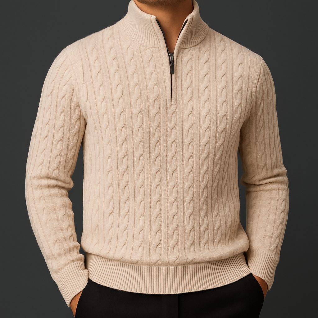 Cable Knit Quarter-Zip Sweater with Ribbed Collar for Men