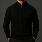 Cable Knit Quarter-Zip Sweater with Ribbed Collar for Men - Black