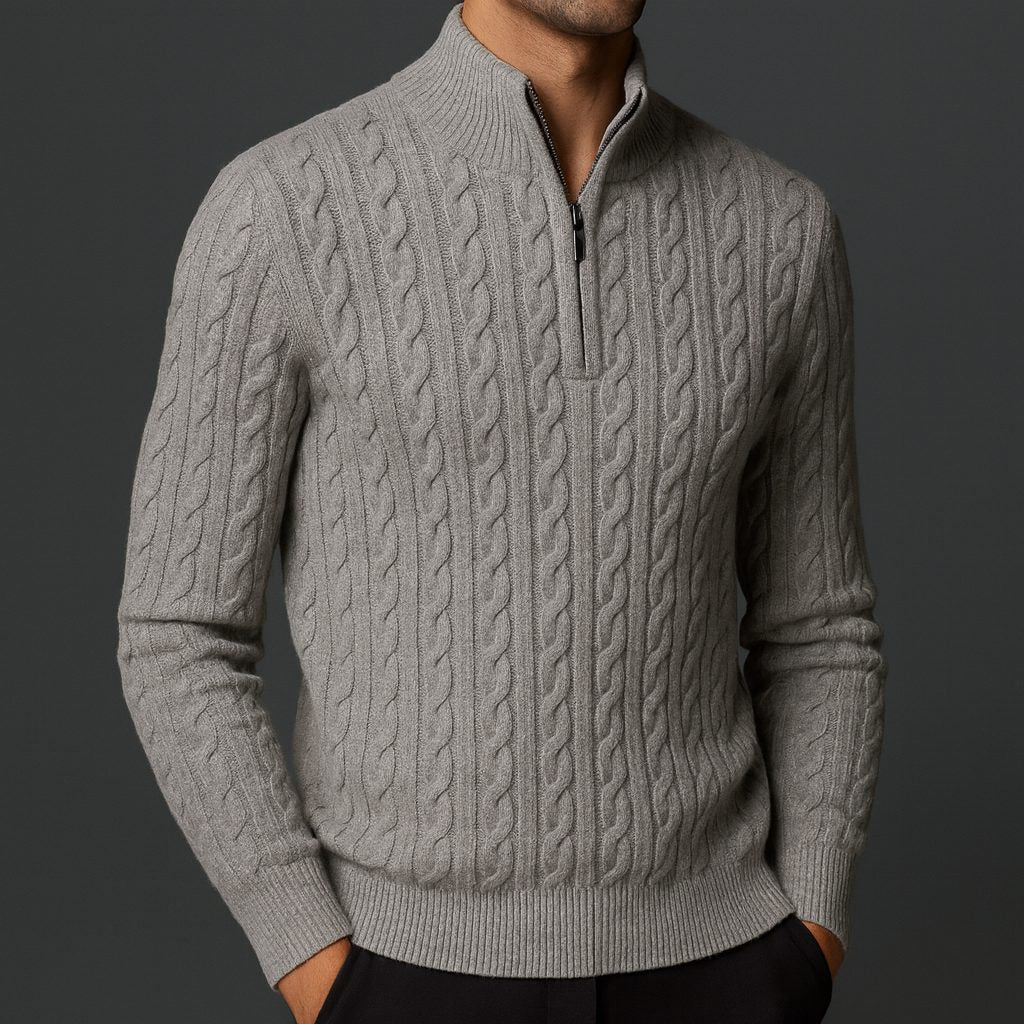 Cable Knit Quarter-Zip Sweater with Ribbed Collar for Men - Gray