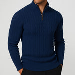 Cable Knit Quarter-Zip Sweater with Ribbed Collar for Men - Navy Blue