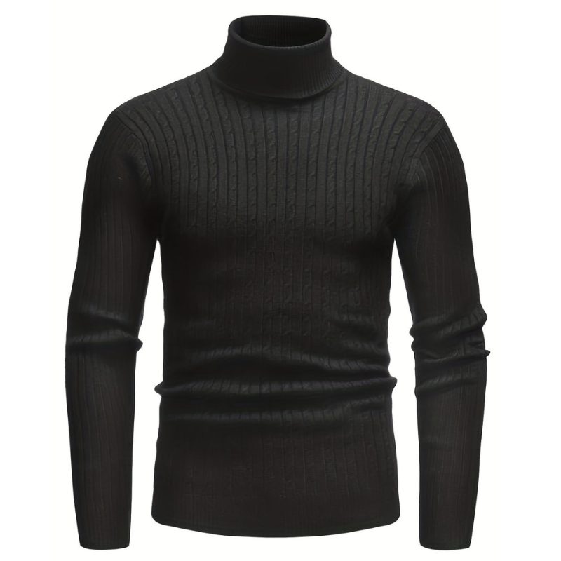 Cable Knit Turtleneck Sweater Slim Fit for Men - Black