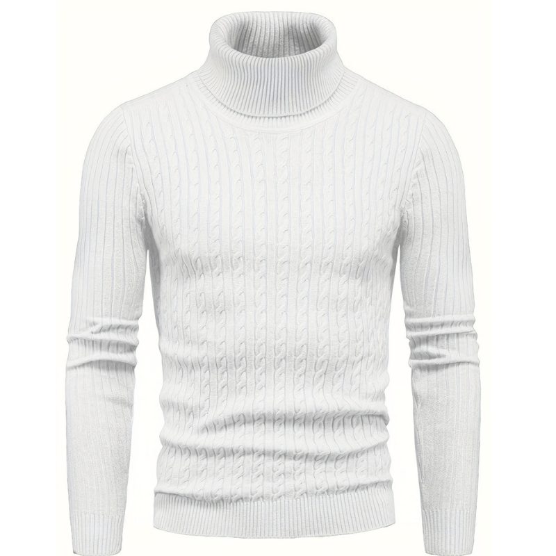 Cable Knit Turtleneck Sweater Slim Fit for Men - White