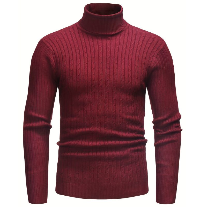 Cable Knit Turtleneck Sweater Slim Fit for Men - Red
