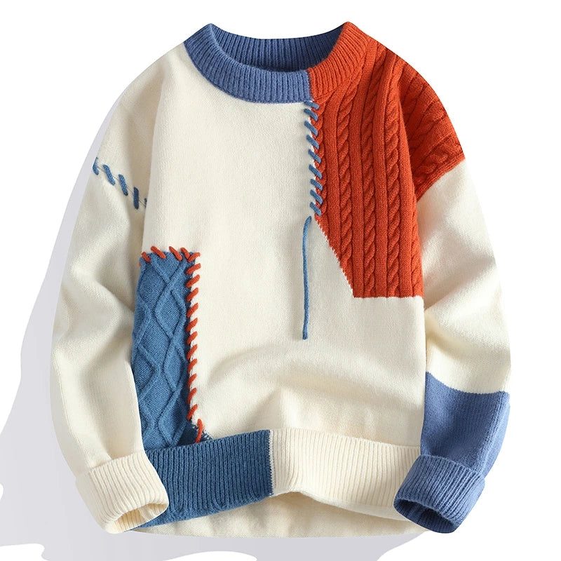 Cable Knit Wool Sweater with Crew Neck for Men - Orange