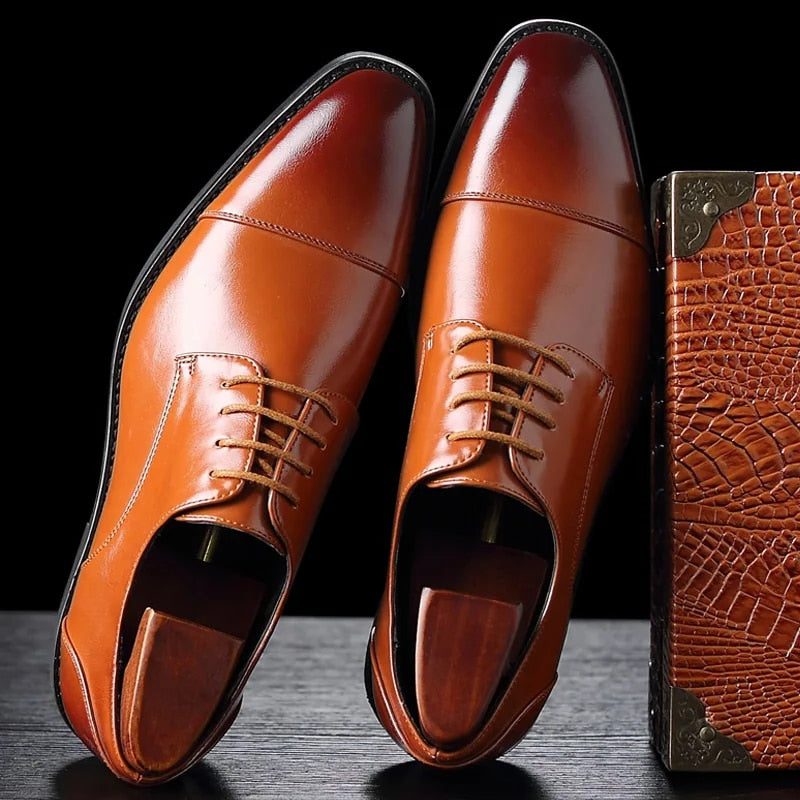 Cap Toe Lace-Up Leather Dress Shoes for Men