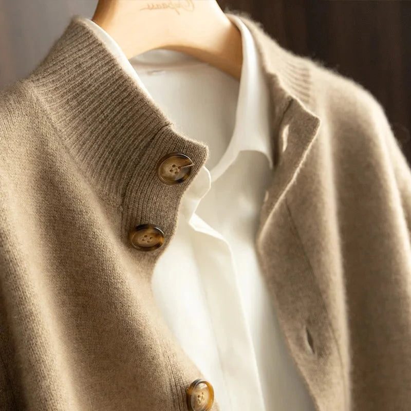 Cashmere Button-Down Cardigan with Ribbed Knit Collar for Women - Camel