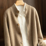 Cashmere Button-Down Cardigan with Ribbed Knit Collar for Women - View 3