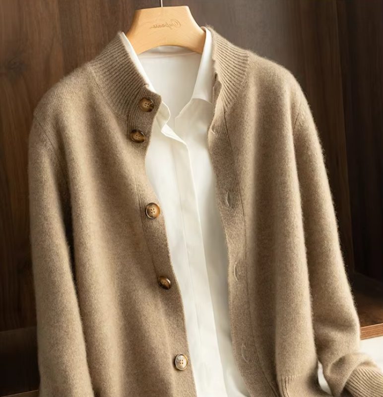 Cashmere Button-Down Cardigan with Ribbed Knit Collar for Women - View 3