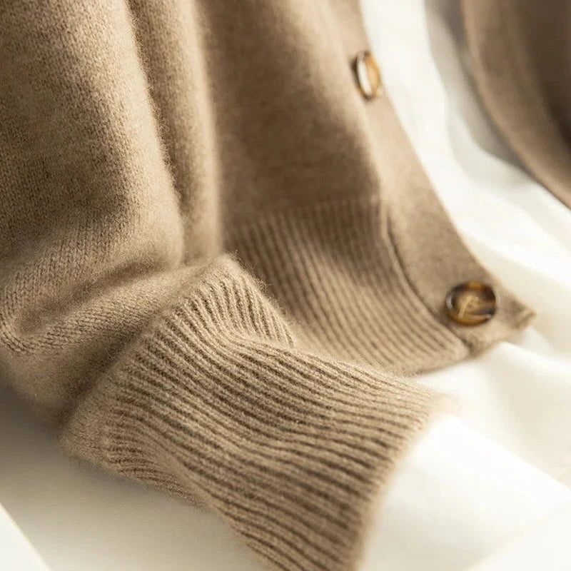 Cashmere Button-Down Cardigan with Ribbed Knit Collar for Women - View 6