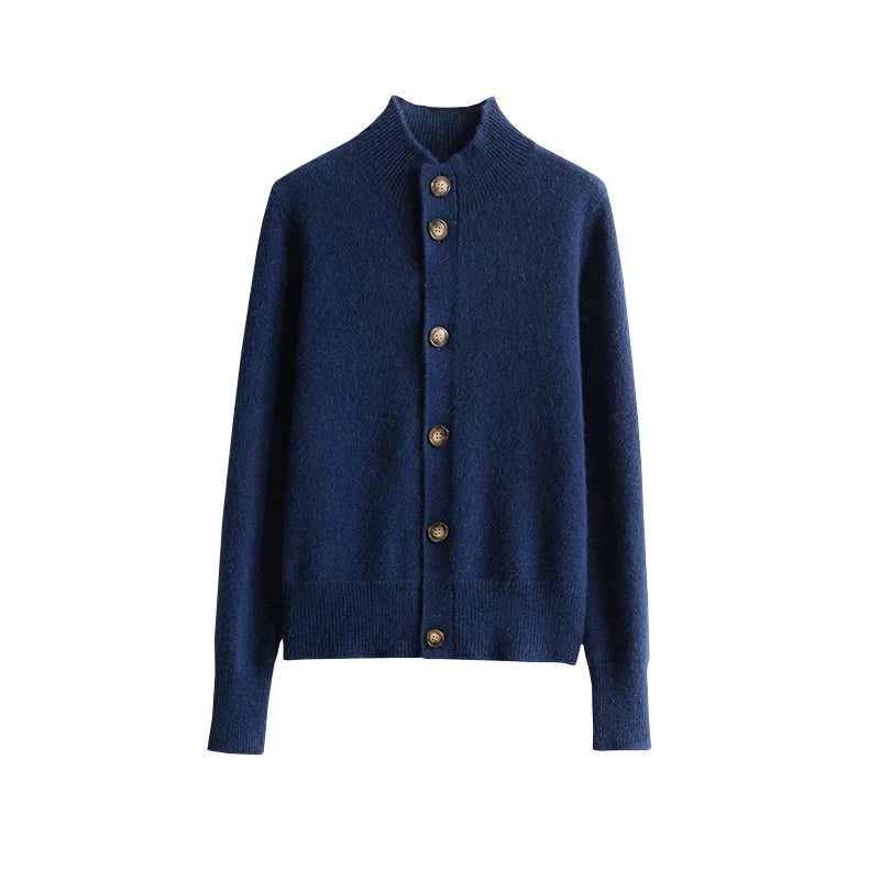 Cashmere Button-Down Cardigan with Ribbed Knit Collar for Women - View 8