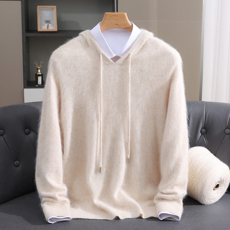 Cashmere Knit Hoodie with Drawstring for Men - Cream