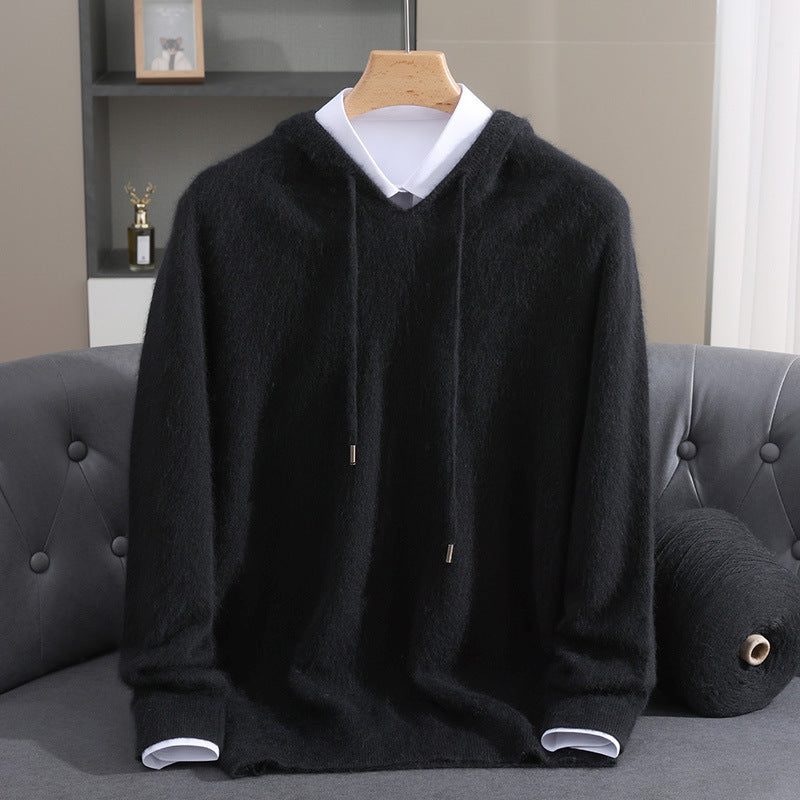 Cashmere Knit Hoodie with Drawstring for Men - Black