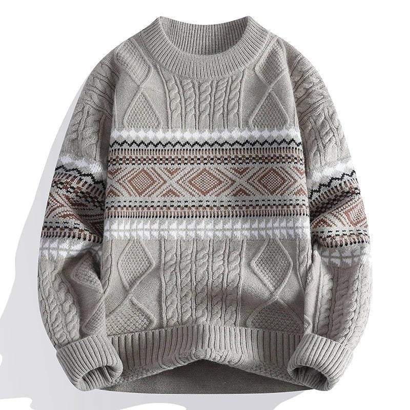 Chunky Cable Knit Nordic Crew Neck Sweater for Men - Khaki