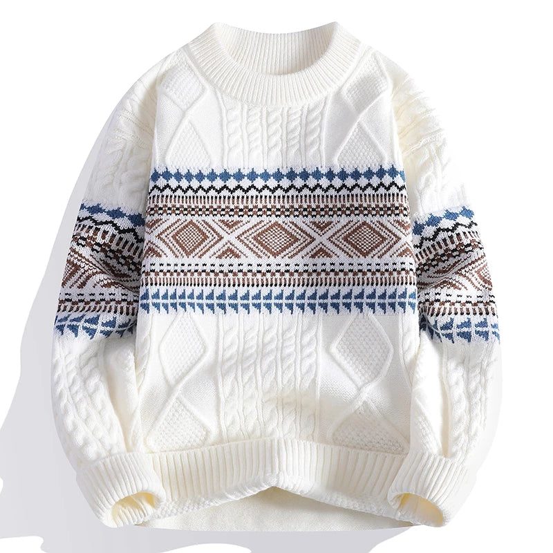 Chunky Cable Knit Nordic Crew Neck Sweater for Men - White
